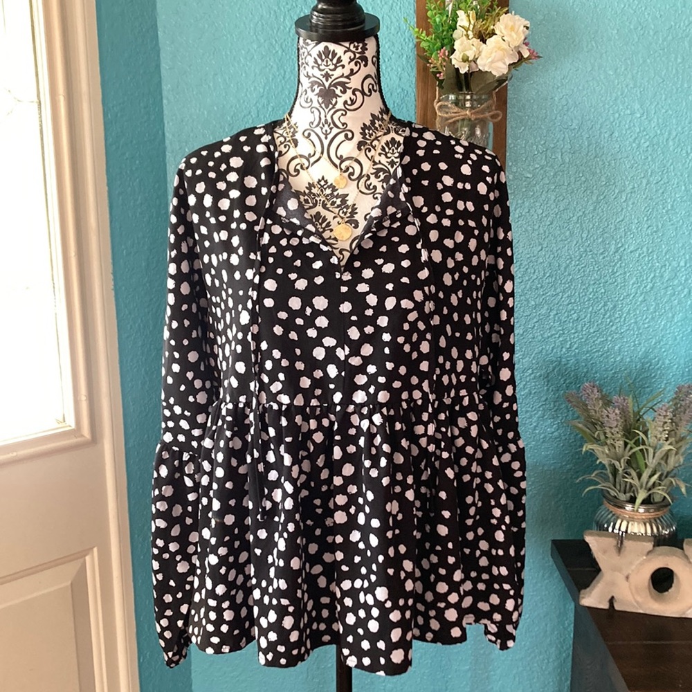 SHEIN | Women’s Polka Dot Long Sleeve Peplum Blouse - Picture 2 of 8